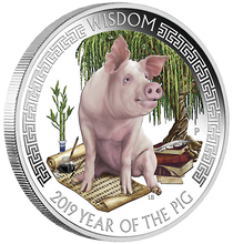 Load image into Gallery viewer, 2019 1oz Silver Good Fortune Year of the PIG Wealth Wisdom 2-Coin Set NGC PF70
