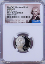 Load image into Gallery viewer, 2020 W First &quot;W&quot; Mint Mark Nickel NGC PF70 Ultra Cameo Portrait Label ER w/coa
