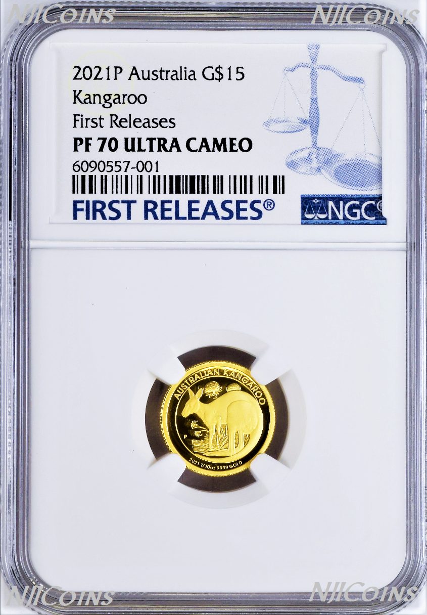 2021 Australia Kangaroo PROOF 1/10oz .9999 GOLD $15 NGC PF70 Coin FR