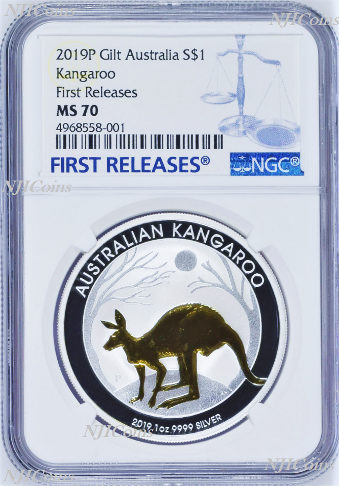 2019 P Australia GILDED Silver Kangaroo NGC MS70 1oz Coin w/OGP gilt FR BL LABEL