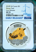 Load image into Gallery viewer, 2018 TUVALU MONEY TOAD SILVER GILT w/ 24k gold $1 1oz COIN NGC MS 70 GILDED ER
