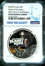 Load image into Gallery viewer, 2018 Planet of the Apes 50th Anniversary SILVER PROOF $1 1oz COIN NGC PF69 UC FR
