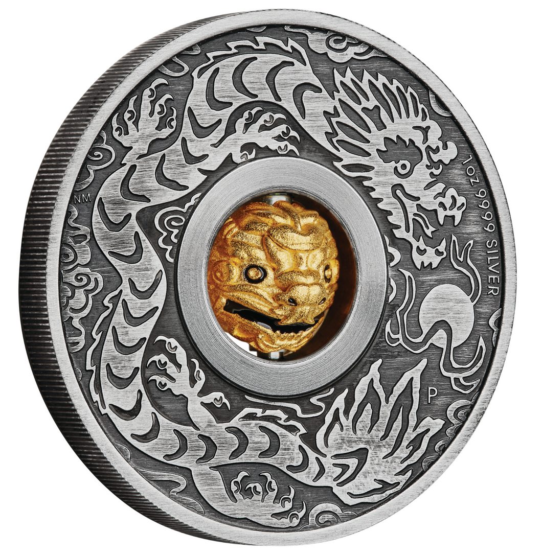 2024 Year of the Dragon 1oz SILVER $1 Lunar Rotating Charm ANTIQUED COIN