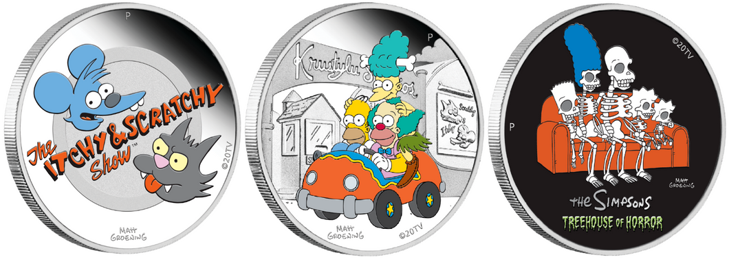 3-Coin Set Simpsons KRUSTYLU STUDIOS+Itchy Scratchy+TREEHOUSE HORROR $1 Silver