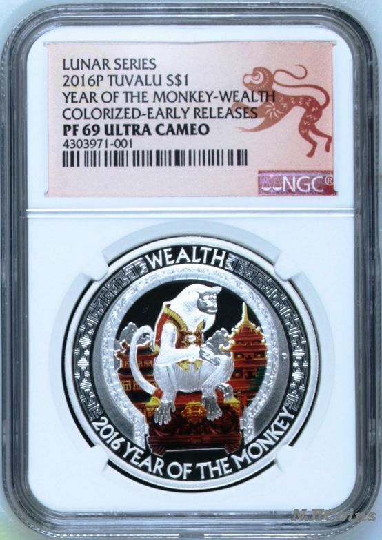 2016 P Tuvalu 1 Oz Silver Good Fortune Monkey Wealth $1 Coin NGC PF69 ER POP: 4