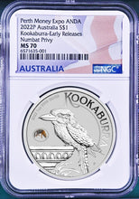 Load image into Gallery viewer, 2022 Kookaburra 1oz Silver Coin Numbat Privy Perth Money Expo NGC MS70 ANDA ER
