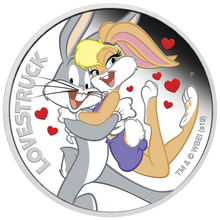 Load image into Gallery viewer, 2019 LOONEY TUNES Lovestruck Silver Proof $1 Coin BUGS and LOLA Valentine’s Day
