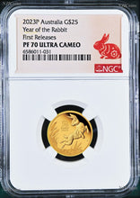 Load image into Gallery viewer, 2023 P Australia PROOF GOLD $25 Lunar Year of the Rabbit NGC PF70 1/4 oz Coin FR
