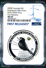 Load image into Gallery viewer, 2020 30th Ann. Kookaburra 1oz Silver Coin Kangaroo Paw Privy NGC MS69 ANDA BL FR
