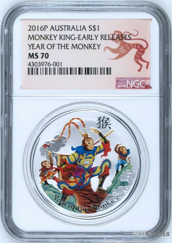 2016 P Australia COLORIZED Silver Lunar Year of Monkey KING NGC MS70 1oz Coin