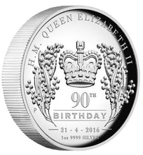 Load image into Gallery viewer, AUSTRALIA 2016 Queen Elizabeth II 90th Birthday 1oz Silver High Relief $1 Coin
