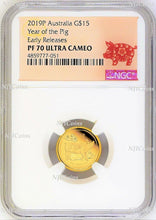 Load image into Gallery viewer, 2019 P Australia PROOF GOLD $15 Lunar Year of the PIG NGC PF70 1/10 oz Coin ER
