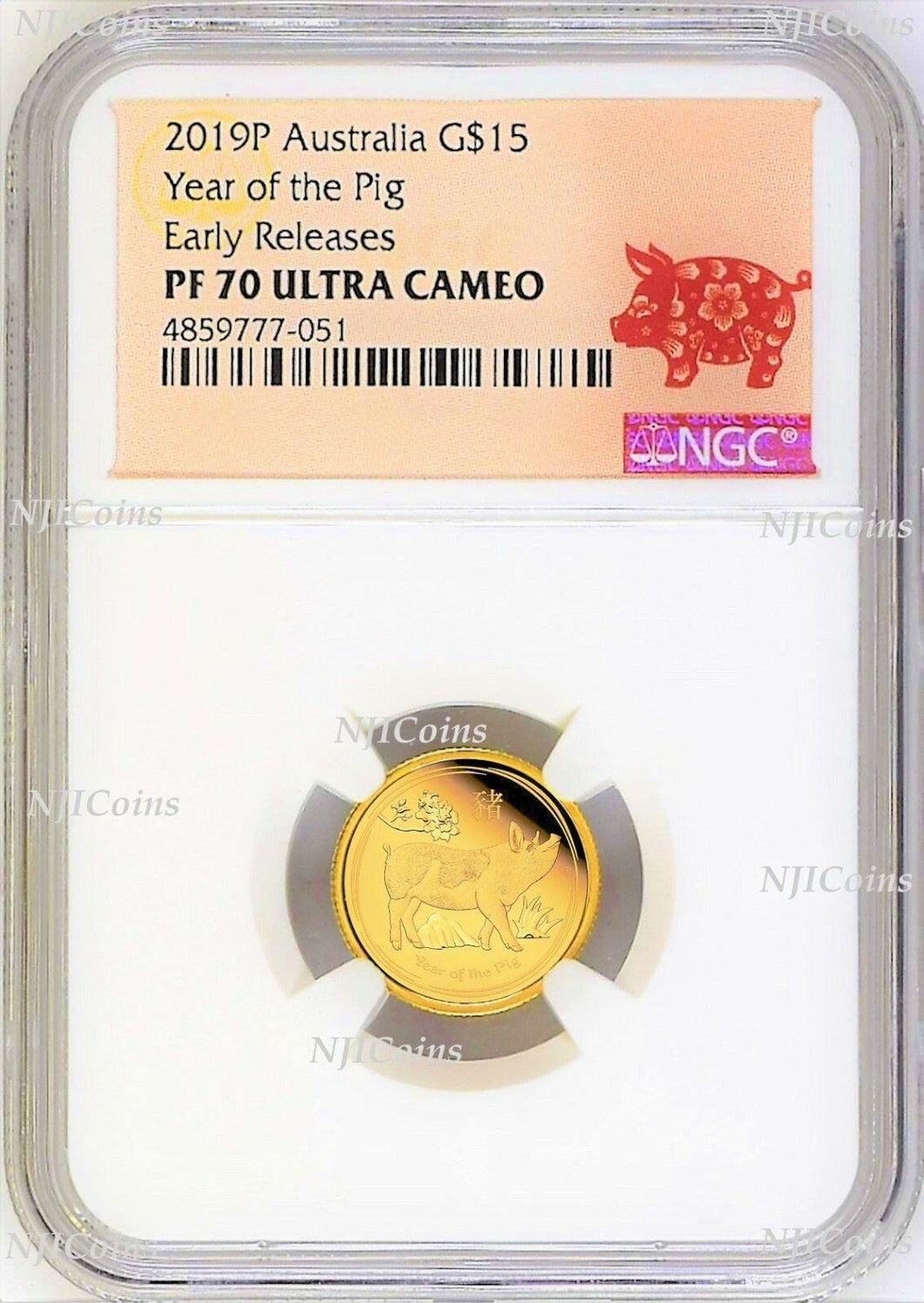 2019 P Australia PROOF GOLD $15 Lunar Year of the PIG NGC PF70 1/10 oz Coin ER