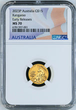 Load image into Gallery viewer, 2023 P Australia Bullion .9999 GOLD $15 Kangaroo NGC MS70 1/10oz Coin FR Flag LB
