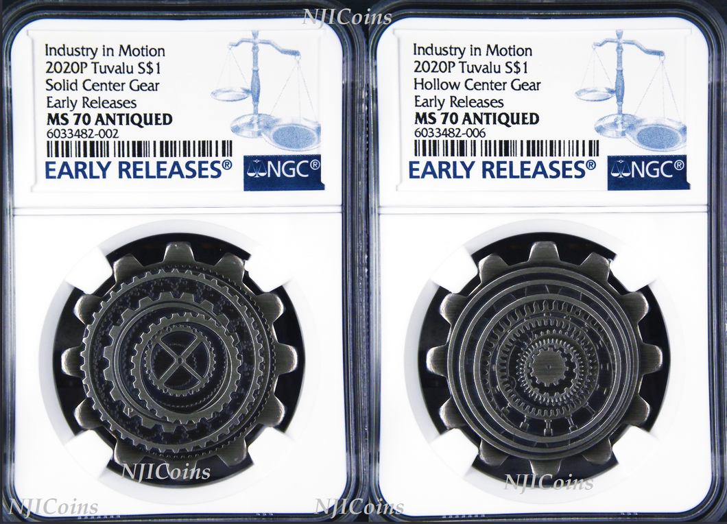 2020 Industry In Motion ANTIQUED Gear-Shaped 1oz Silver 2-COIN-SET NGC MS70 ER