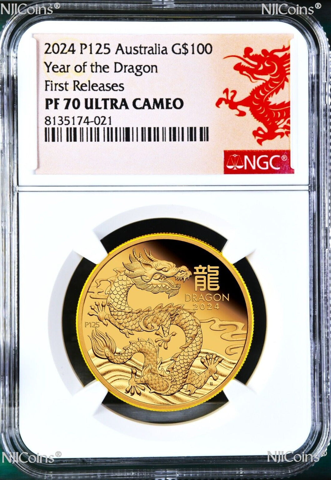 2024 Australia PROOF 1oz GOLD Lunar Year of the DRAGON NGC PF70 UC $100 Coin FR