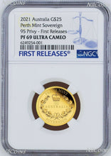 Load image into Gallery viewer, 2021 Australia 95 privy mark Sovereign 1/4 oz GOLD $25 coin NGC PF69 FR w/ OGP
