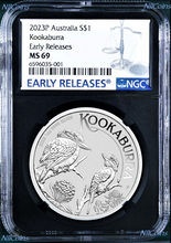 Load image into Gallery viewer, 2023 Australia Silver Kookaburra NGC MS69 $1 1oz Coin ER Black Core Label
