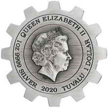 Load image into Gallery viewer, 2020 Industry In Motion ANTIQUED Gear-Shaped 1oz Silver 2-COIN-SET NGC MS70 ER
