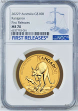 Load image into Gallery viewer, 2022 Australia Bullion 1oz .9999 GOLD Kangaroo NGC MS70 $100 Coin FR
