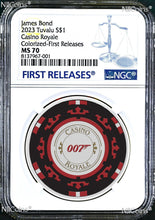 Load image into Gallery viewer, 2023 Royal Casino CHIP .9999 COLORED SILVER $1 1oz COIN NGC MS70 James Bond 007
