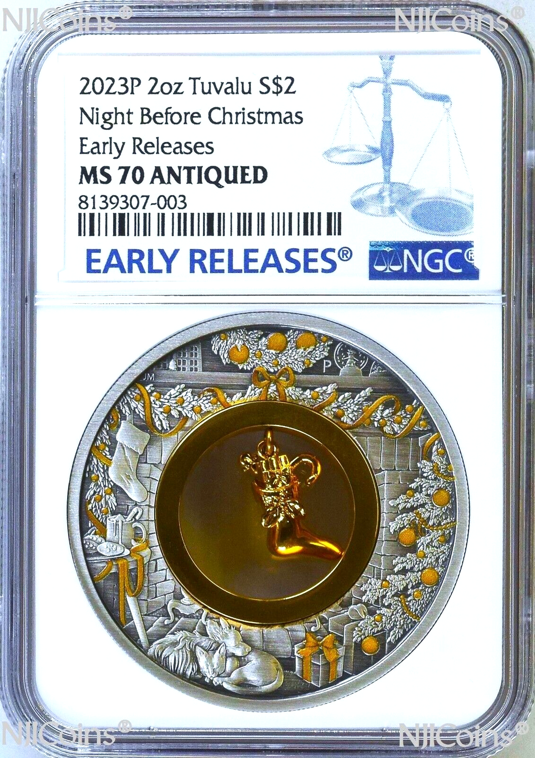 2023 Night Before Christmas 2oz Silver Gilt Stocking Insert Antiqued Coin MS70 E