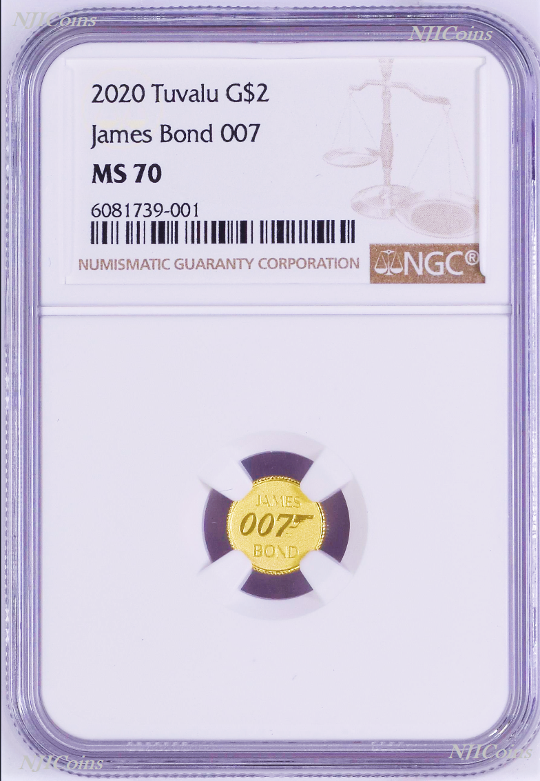 2020 James Bond 007 $2 0.5g .9999 Gold COIN NGC MS70 Brown Label