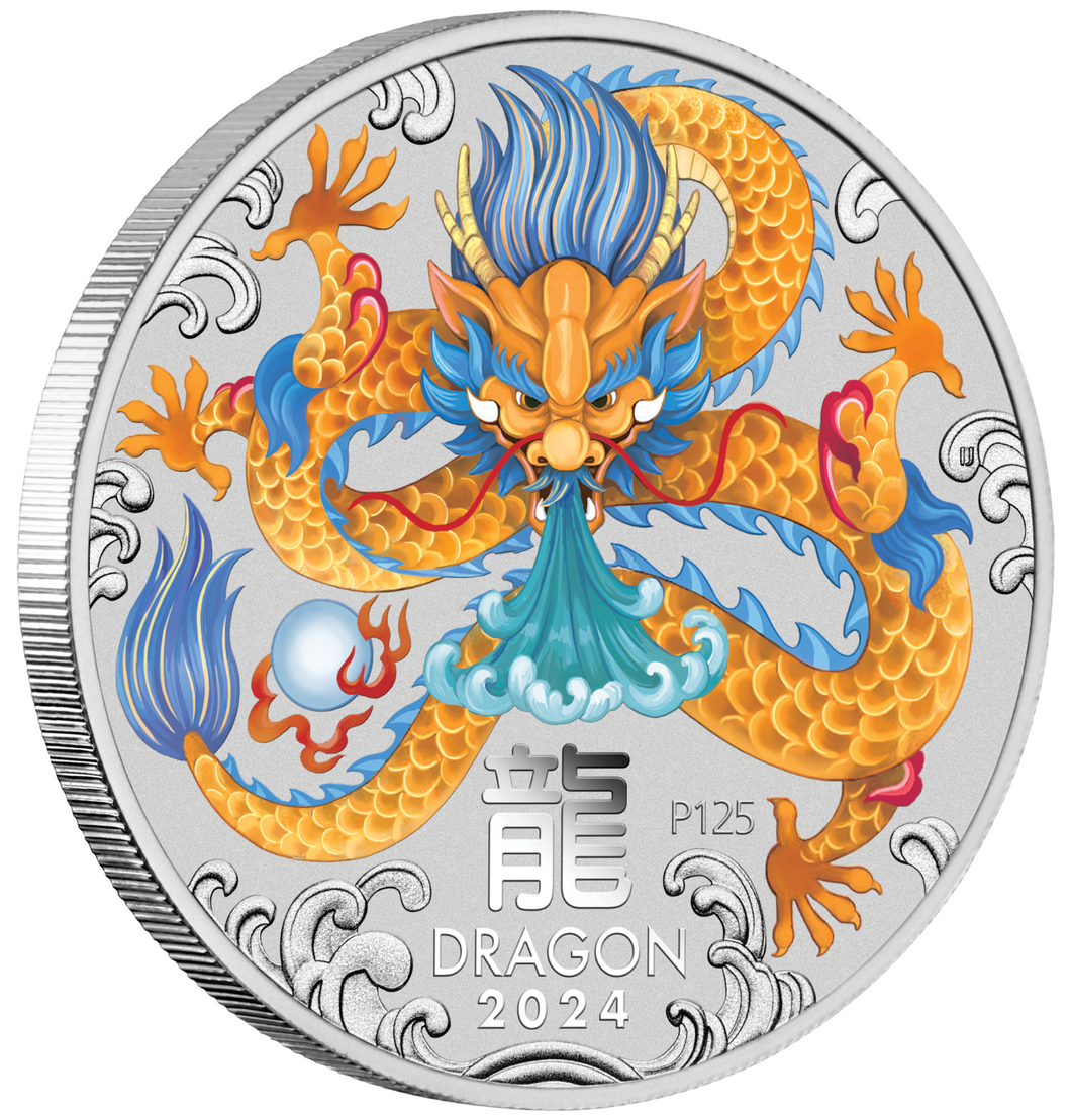 2024 COLORED Lunar Year of the Dragon 1/2oz Silver $1 Coin In Capsule 50c