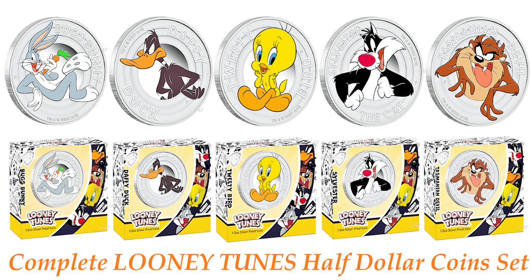 Complete 5-COIN-set 2018 Tuvalu LOONEY TUNES 1/2oz SILVER Half Dollar