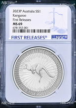Load image into Gallery viewer, 2023 Australia Silver Kangaroo NGC MS69 $1 1oz Coin Blue FR Label Double Dates
