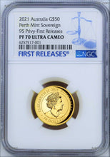 Load image into Gallery viewer, 2021 Australia 95 privy mark Sovereign 1/2 oz High Relief GOLD $50 coin NGC PF70
