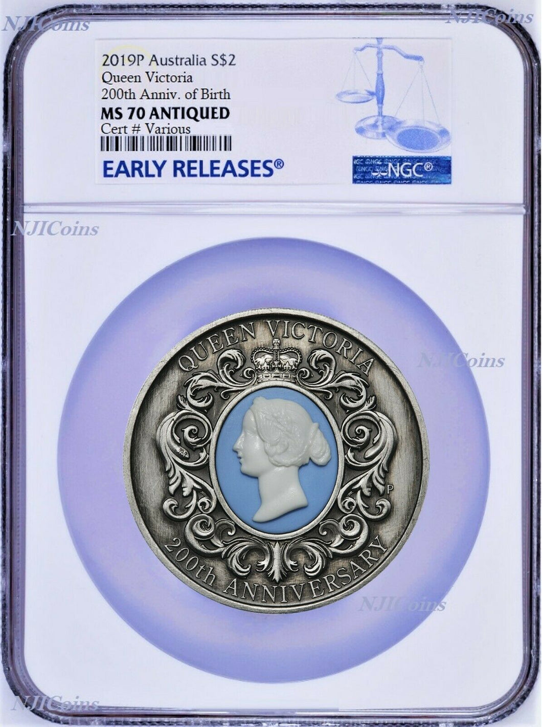 2019 Queen Victoria 200th Anniversary 2oz Silver Antiqued Cameo Coin NGC MS70 ER