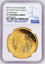 Load image into Gallery viewer, 2021 QUEEN ELIZABETH 95th Birthday 2oz .9999 GOLD $200 Proof coin NGC PF70 FR
