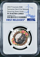 Load image into Gallery viewer, 2021 Dreaming Down Under TASMANIAN DEVIL Silver Proof NGC PF 70 1/2oz Coin FR
