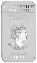 Load image into Gallery viewer, The effigy of Queen Elizabeth II on Bar DRAGON Coin 1oz $1 Silver Bullion 2023
