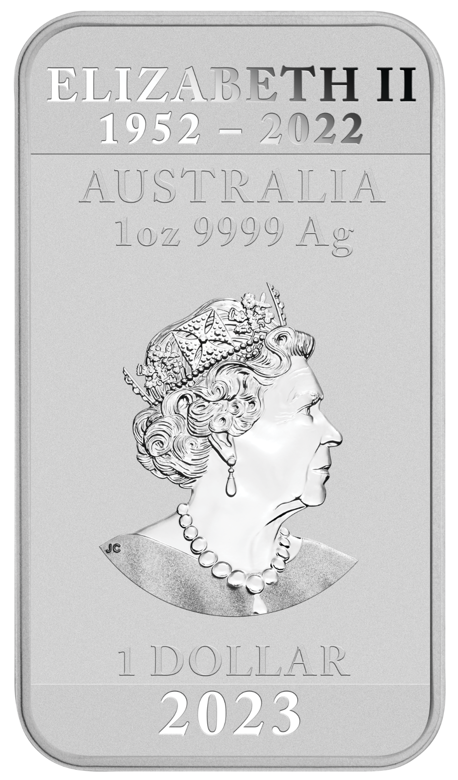 The effigy of Queen Elizabeth II on Bar DRAGON Coin 1oz $1 Silver Bullion 2023