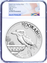 Load image into Gallery viewer, 2022 Kookaburra 1 Kilo .9999 Silver $30 Coin NGC MS70 32.2oz Flag Label ER
