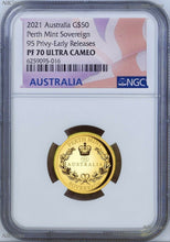 Load image into Gallery viewer, 2021 Australia 95 privy Sovereign 1/2 oz High Relief GOLD $50 coin NGC PF70 ER
