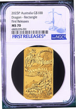 Load image into Gallery viewer, 2023 Dragon 1oz .9999 GOLD Rectangular $1 Dollar Bar COIN NGC MS 70 ER
