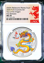 Load image into Gallery viewer, 2024 Silver Lunar Year Dragon NGC MS70 1oz $1 Coin P125 Melbourne ANDA Yellow FR
