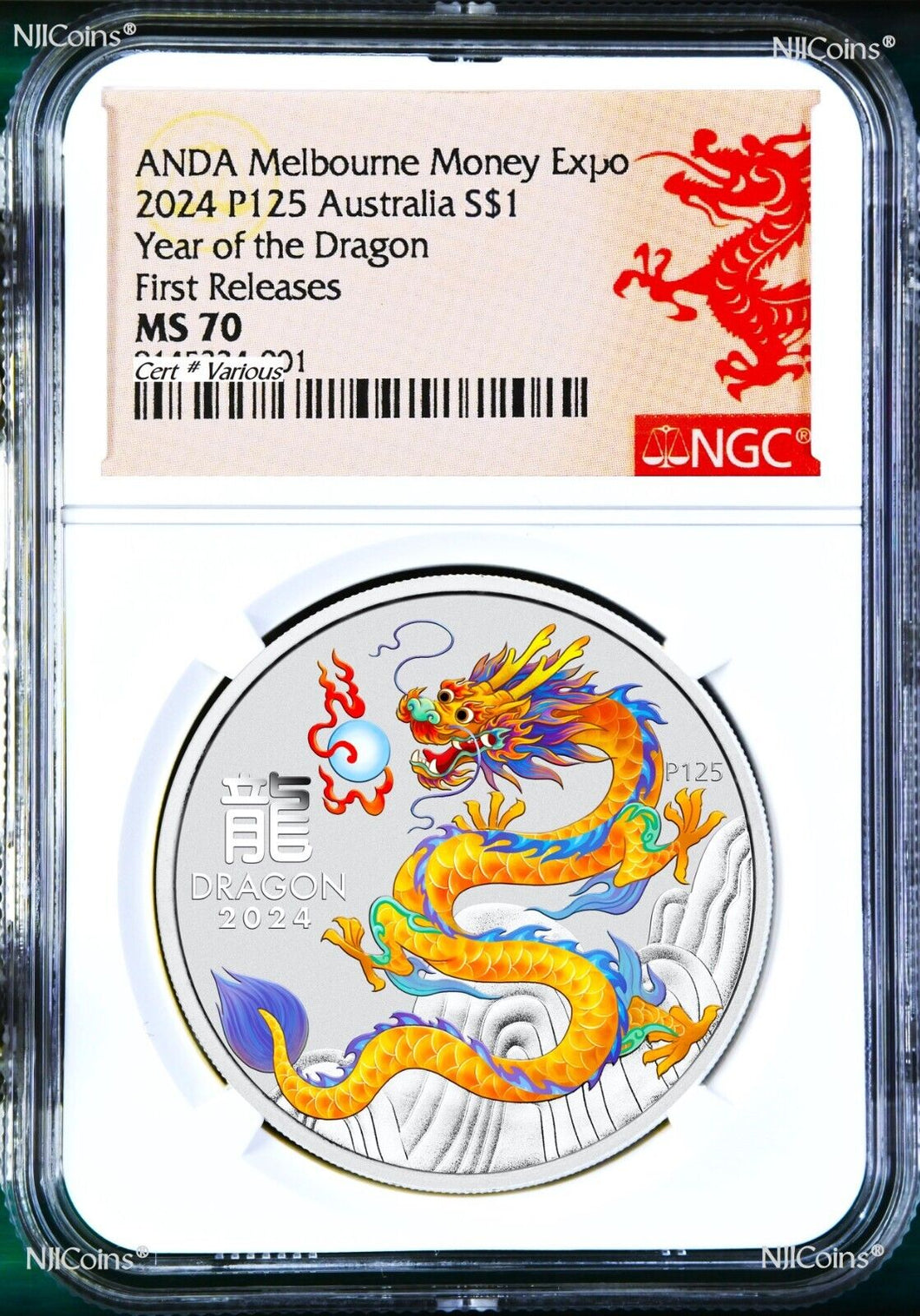 2024 Silver Lunar Year Dragon NGC MS70 1oz $1 Coin P125 Melbourne ANDA Yellow FR