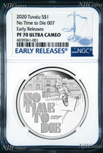 Load image into Gallery viewer, 2020 James Bond 007 No Time To Die .9999 SILVER PROOF $1 1oz COIN NGC PF70 ER
