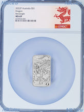 Load image into Gallery viewer, 2022 Dragon 1oz .9999 Silver Rectangular $1 Dollar Bar COIN NGC MS 69 Dragon LB
