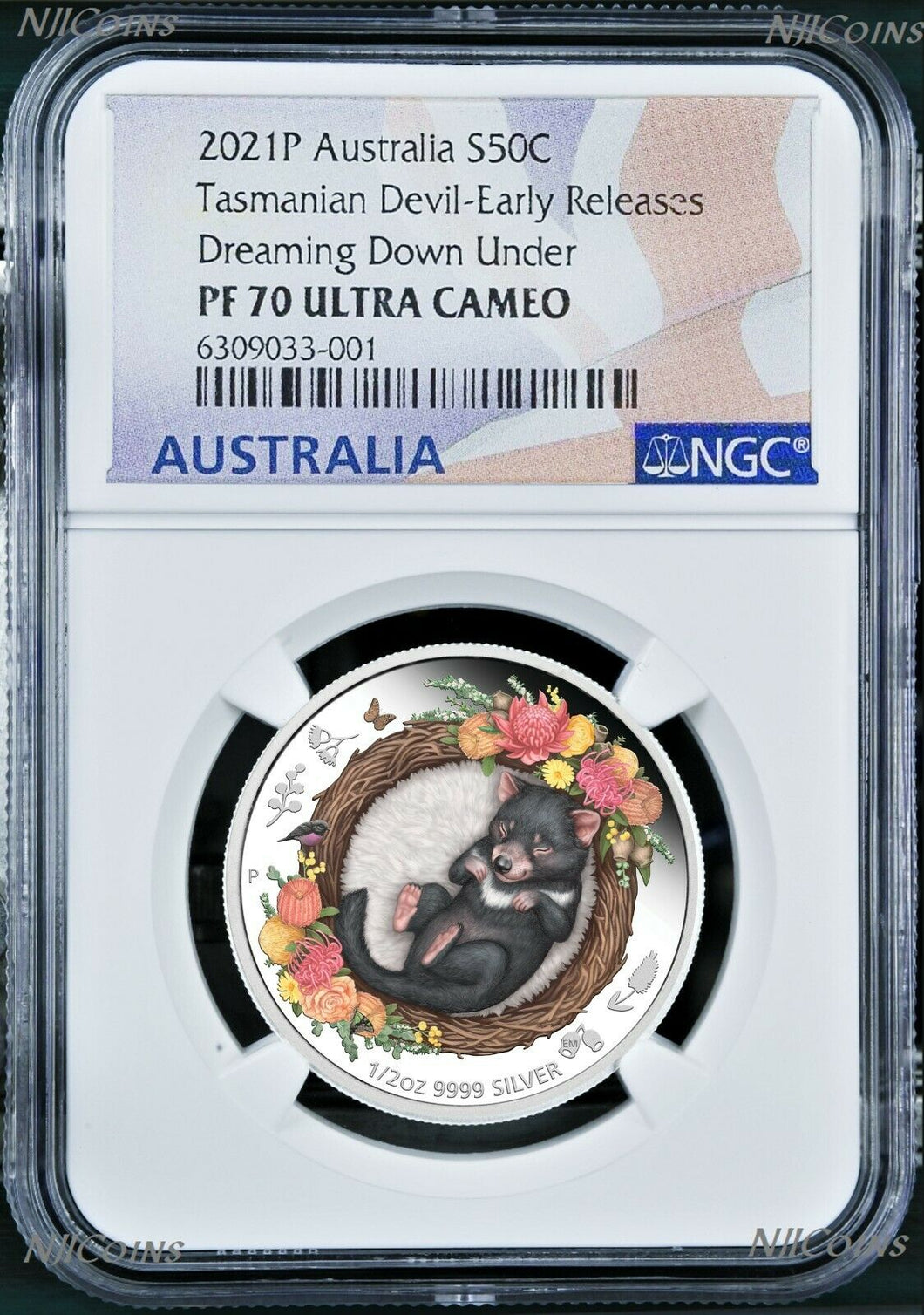 2021 Dreaming Down Under TASMANIAN DEVIL Silver Proof NGC PF70 1/2oz Coin ER