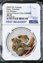 Load image into Gallery viewer, 2023 Koala 1oz Colored Silver Perth Coin Stamp &amp; Coin Exhibition Special MS70 FR
