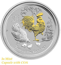 Load image into Gallery viewer, 2017 Australia Lunar Year Rooster GILDED 1oz SIlver $1 Coin in capsule with coa
