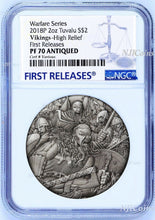 Load image into Gallery viewer, 2018 P Tuvalu Warfare - Vikings ANTIQUED 2Oz Silver $2 3D COIN NGC PF70 FR
