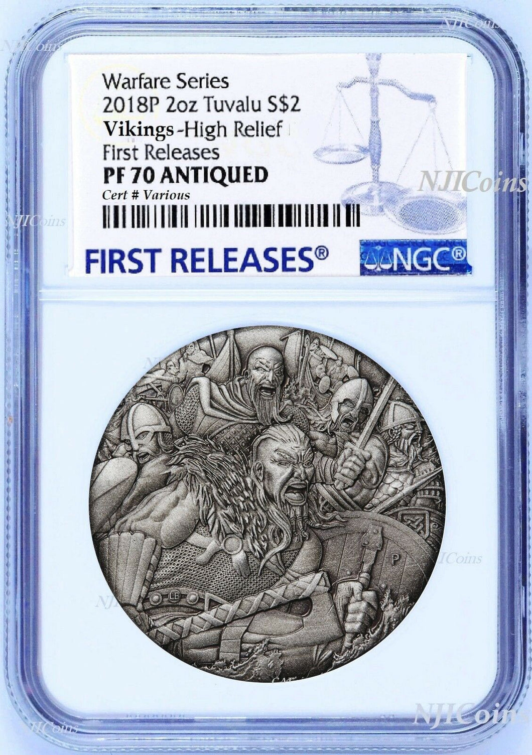 2018 P Tuvalu Warfare - Vikings ANTIQUED 2Oz Silver $2 3D COIN NGC PF70 FR