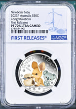 Load image into Gallery viewer, 2023 PROOF Silver Newborn Baby NGC PF70 1/2oz 50c Coin Kangaroo/Koala/Kookaburra
