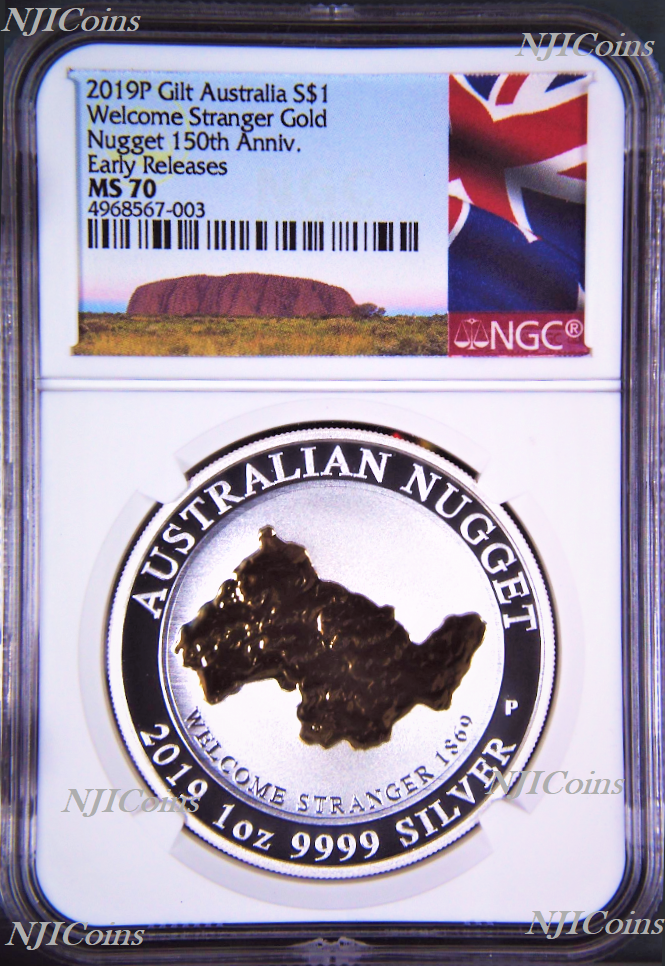 2019 Australia GILDED Silver Welcome Stranger gold nugget NGC MS70 1oz Coin gilt